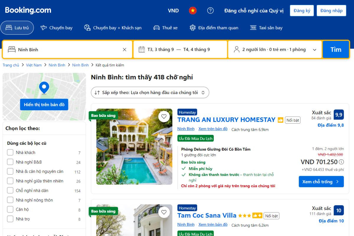 Tìm kiếm thông tin homestay trên website